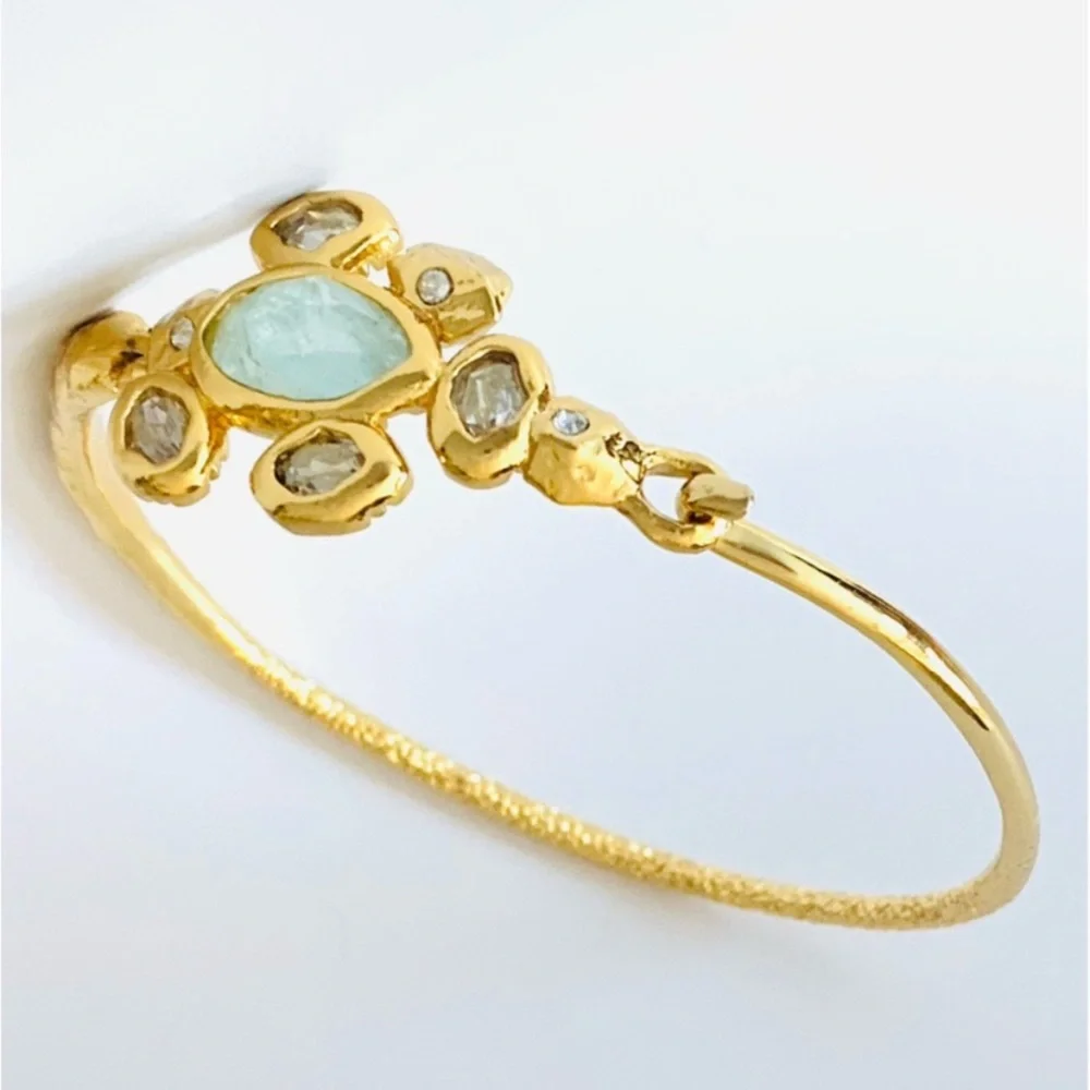 ALEXIS BITTAR NEW Gold Aqua Stone Crystals Byzantine Flower Hook Bangle Bracelet